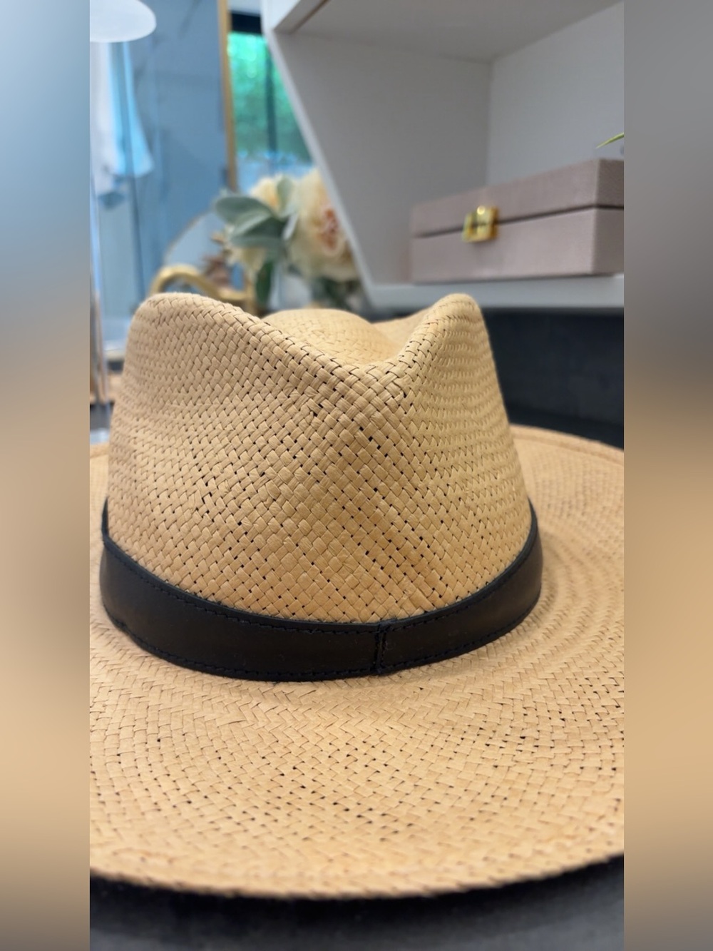 Janessa Leone Savannah Packable Straw Fedora Hat Tan Black Size XL